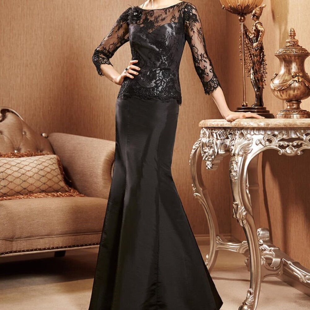 Jade Couture by Jasmine Black Lace Long Sleeve Satin Crepe Gown